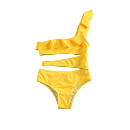 

Arvbitana Girls Oblique Shoulder Hollow Swimsuit Lotus Leaf Hot Spring Swimsuit Two-piece Suit