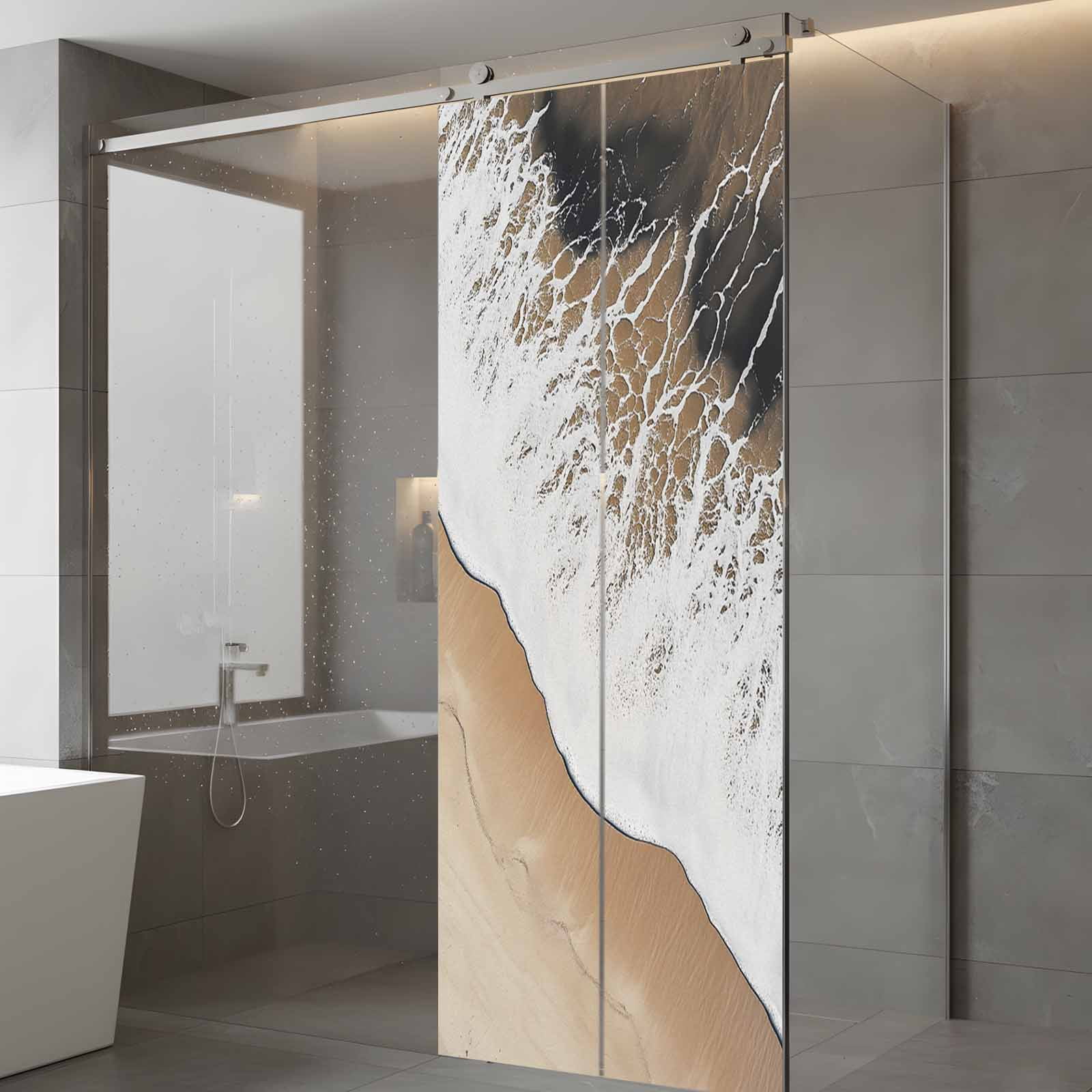 Abstract Wave Effect Window Privacy Film, Brown Gradient Beach Frosted Glass Window Clings Static Cling UV Heat Blocking Reusable Door Sticker for Bathroom 23.6 x 59 Inch