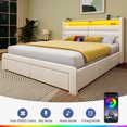 thumbnail image 3 of Greenstell Upholstered Full Size Bed Frame with Headboard and Storage, LED Full Bed Frame with 4 Drawers, Charging Station,Off White, 3 of 8