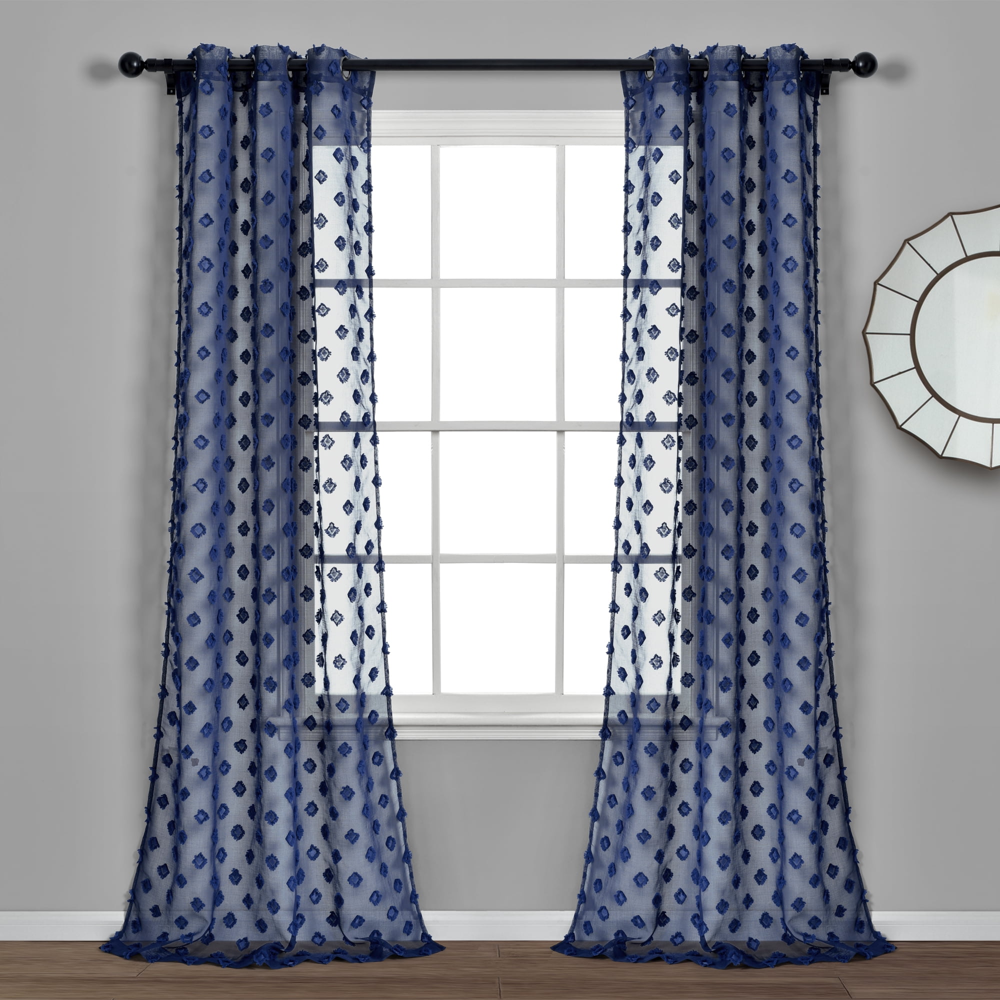Navy Blue Rings Circle Embroidered 84" Grommet Window Curtain Panel 