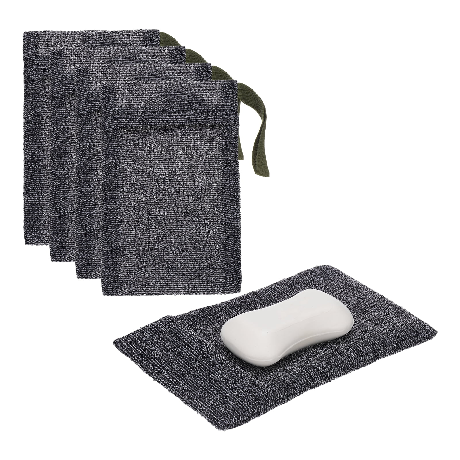 Uxcell Loofah Soap Pouch, 4 Pcs Bar Soap Saver Bag with Dark Green Handle Nylon Body Scrubber Pouch Exfoliating Net for Body Shower Foaming Travel Camping, Grey