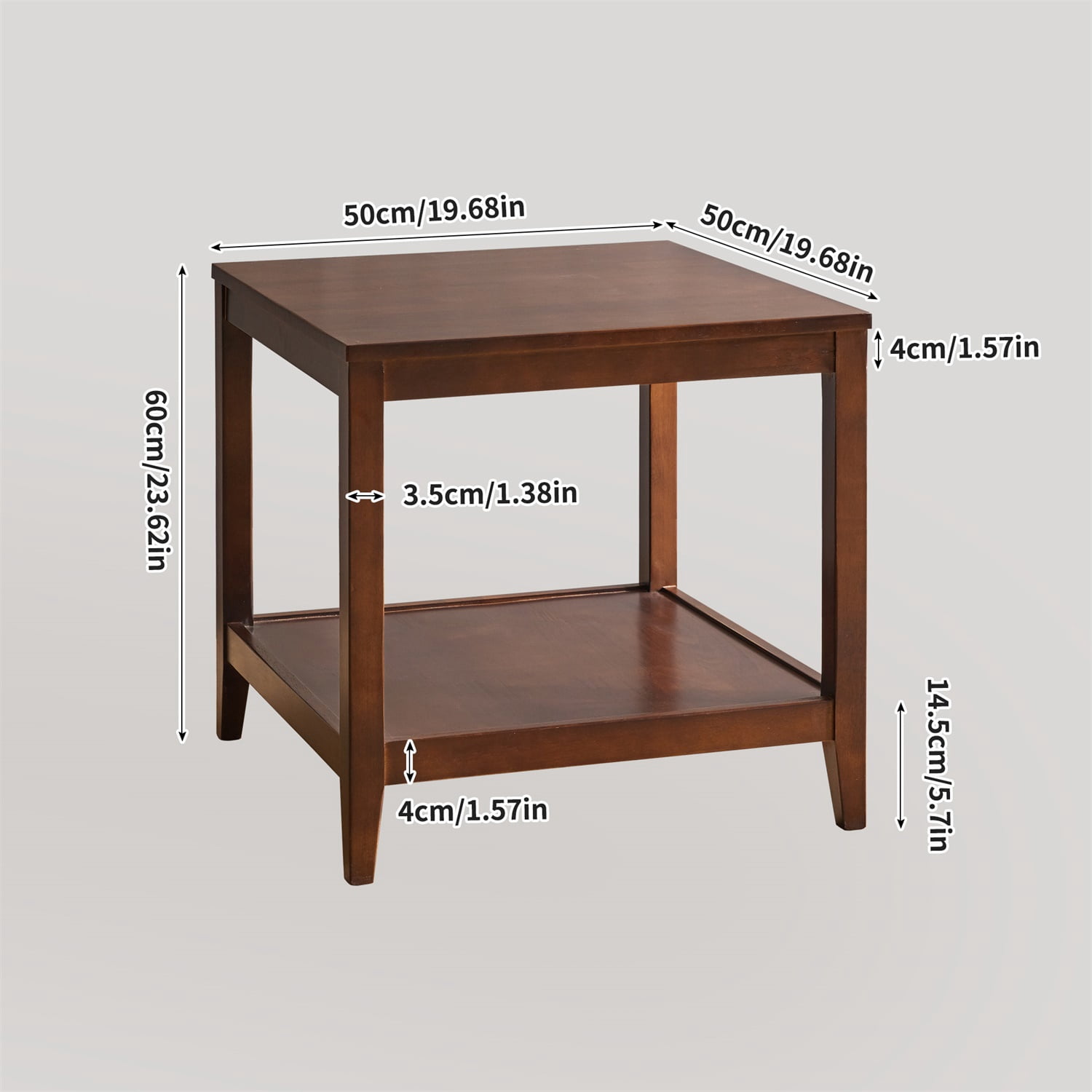Hommoo Solid Wood Square End Table, 2-Tier Rubberwood Side Table with Open Shelf Storage, Compact Nightstand or Small Coffee Table for Living Room, Bedroom & Office, Walnut