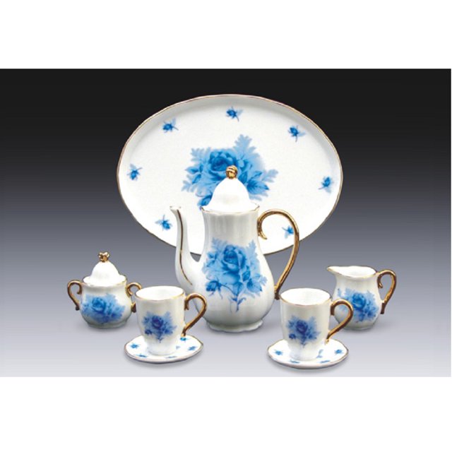 Miniature Porcelain 10 Piece Tea Set with Blue Rose Pattern New