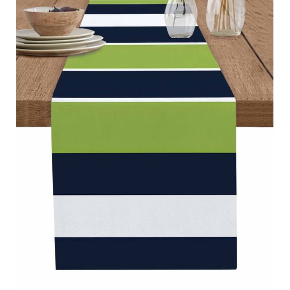Ldtrchee Green Navy Blue Striped Table Runner 72 Inches, Farmhouse Stripes Bed Runner Dresser Scarves Tabletop for Indoor Outdoor Parties/Ceremony/Banquet, 14" x 72"