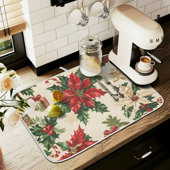 Yayeee Dish Drying Mat for Kitchen Counter 16" x 18" Microfiber Super Absorbent Coffee Decorative Pad, Christmas Poinsettia