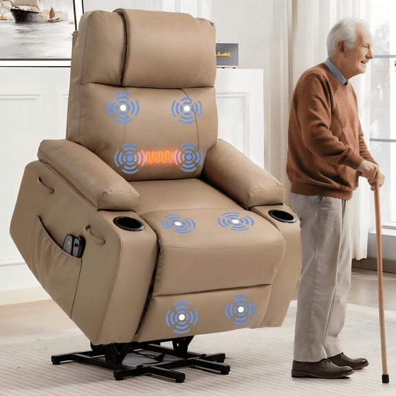 Power Lift Recliner Chair for Elderly with Heat & Massage, 160° Electric Adjustable PU Leather Recliner Sofa with Remote Control, Stand Assist, Cup Holder & Side Pockets for Living Room (Brown)