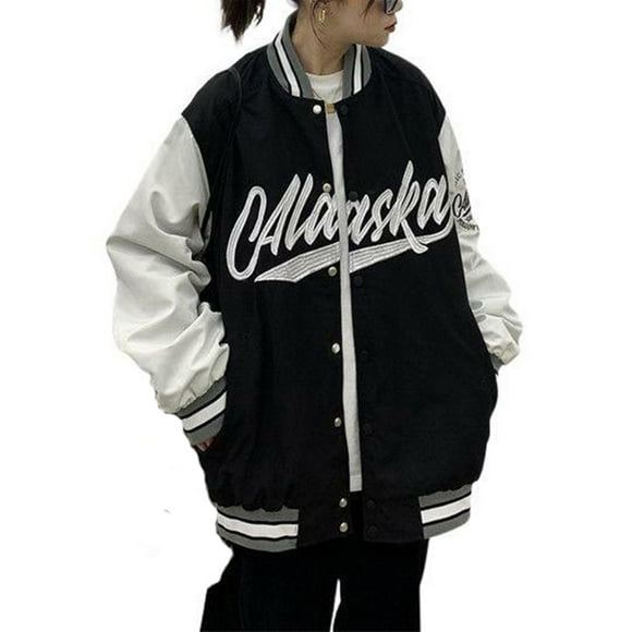 Women Oversized Bomber Jacket Casual Boyfriend Baseball Jacket Long Sleeve Varsity Jacket Streetwear Coat
