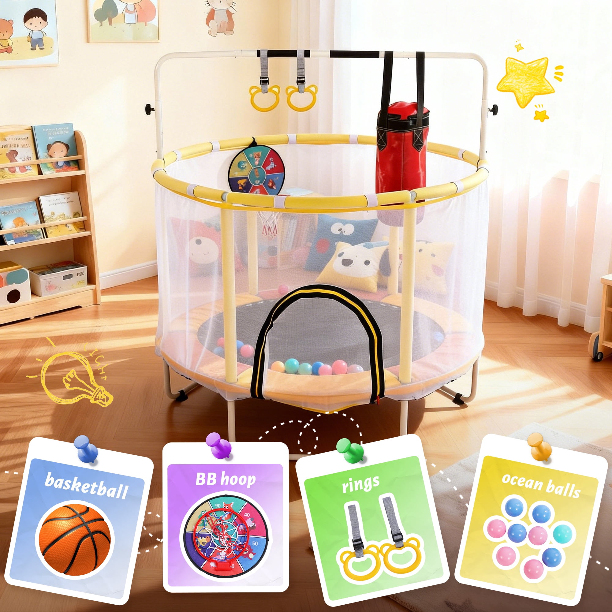 Toddler Trampoline with Basketball Hoop, Indoor Trampoline for Kids, Kids Trampoline with Enclosure Net, Backyard Trampoline with Handle, Small Trampoline for Indoor Outdoor, Mini Trampoline