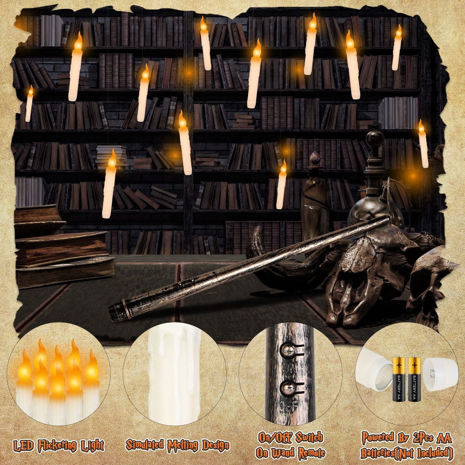 12Pcs Flameless Floating Candle Set with Magic Wand Remote 98ft Fishing Wire for Halloween Christmas Decor