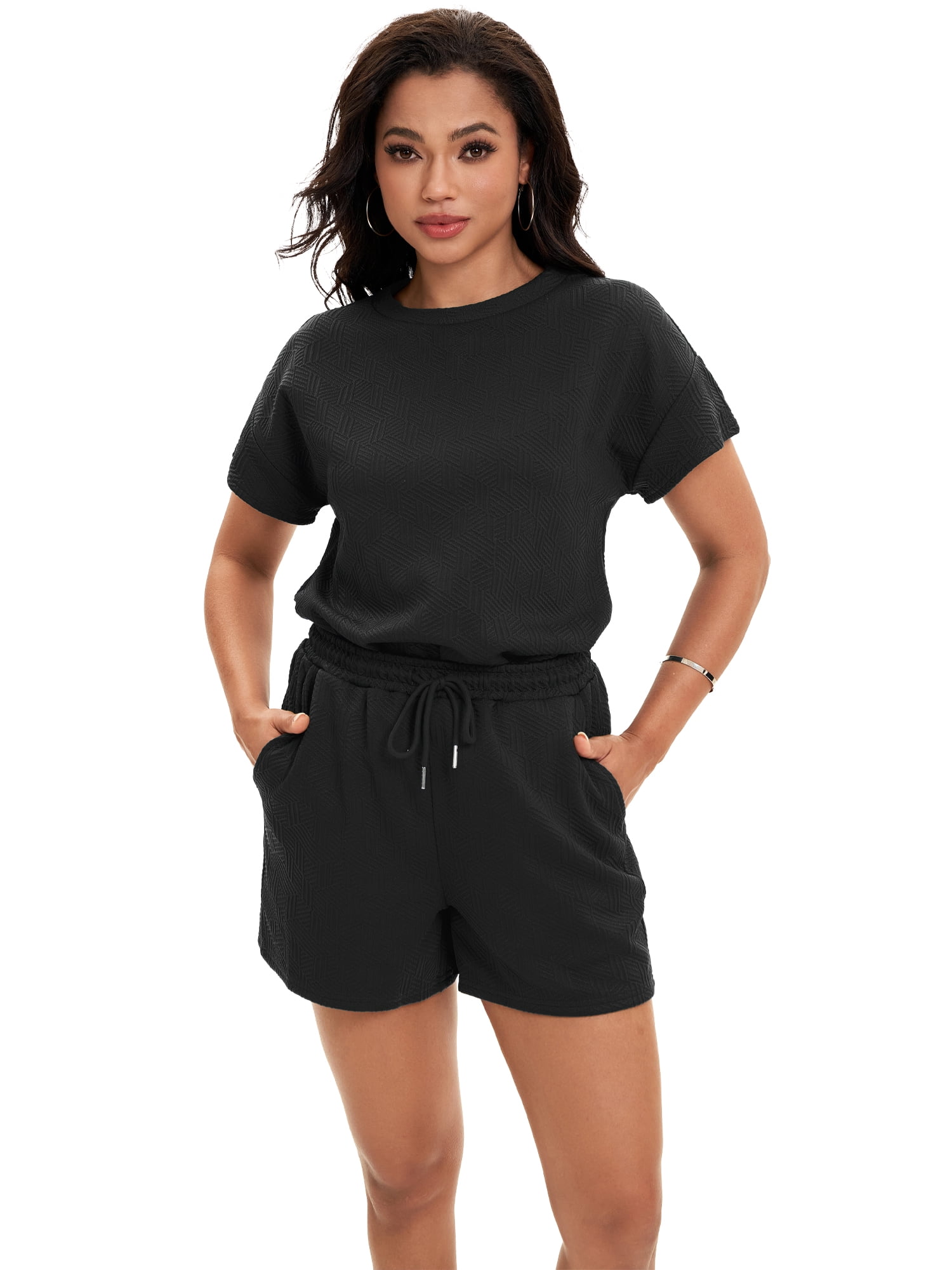 DARING DIVA Women's Summer 2 Pieces Outfits Short Sleeve Tops Shorts L Black