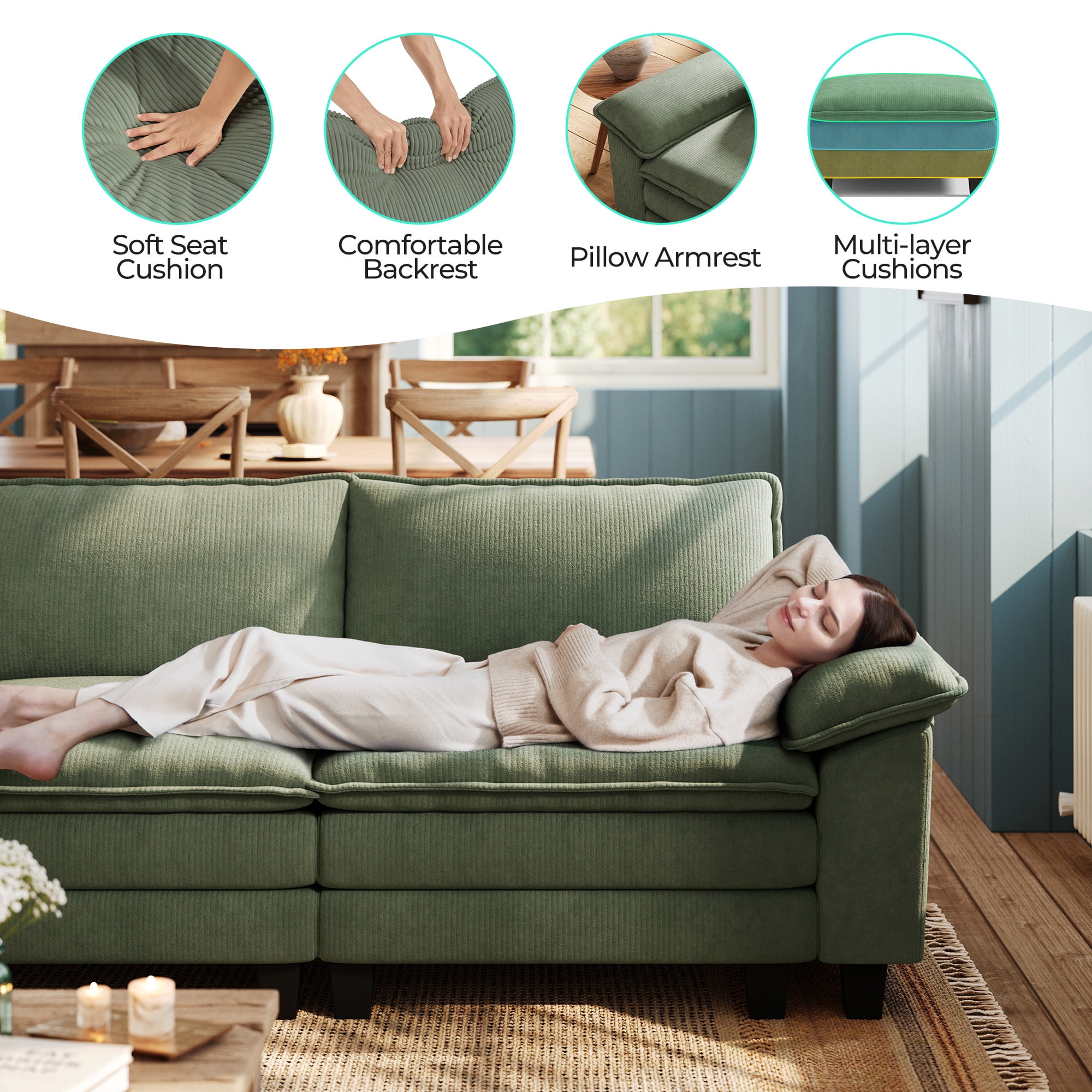 Linsy Home 123" Oversized Modular Sectional Sofa with Movable Ottoman, 3-Seat L Shaped Cloud Couch for Living Room, Green
