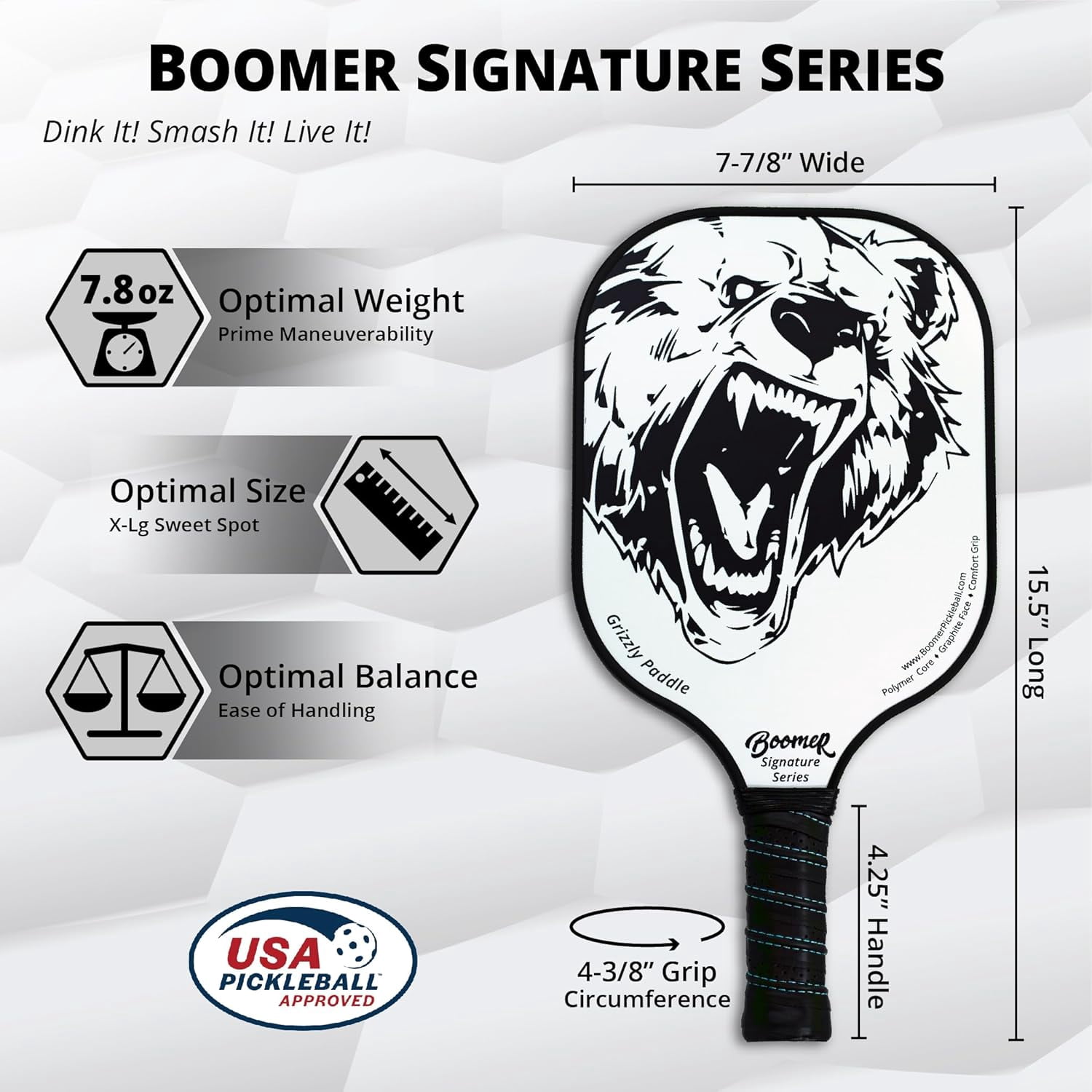 Boomer Signature Series Pickleball Paddle Graphite Face with Polymer Honeycomb Core Cushion Grip 7.8 oz