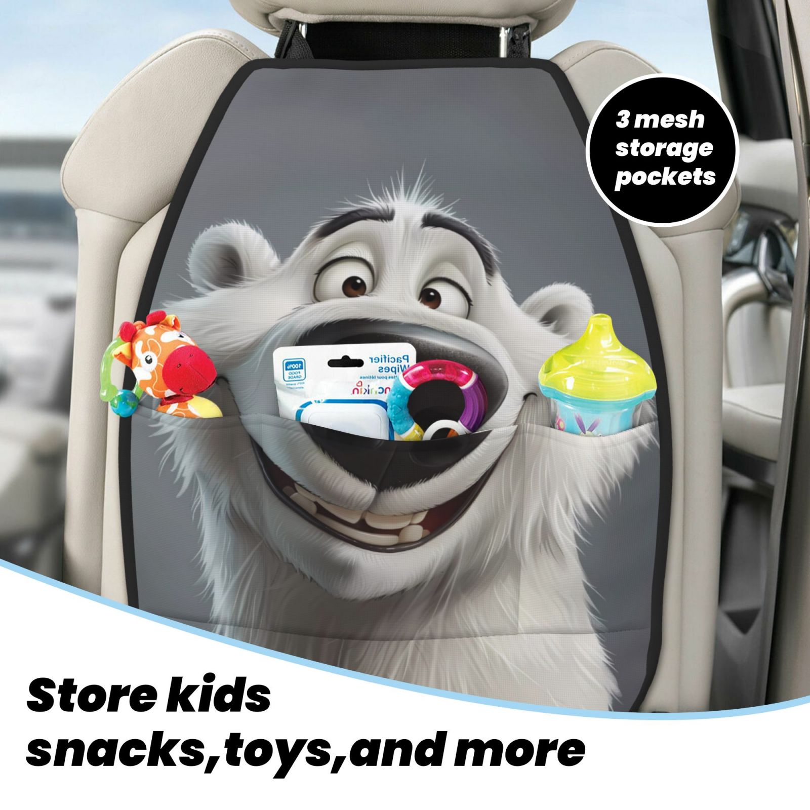 Kdxio Smiling Polar Bear Print 2 Pack Car Kick Mat Seat Cover Back Protector Mat with Pockets for Organizer Backseat Protector and Storage Anti Kick Pad for Vehicles