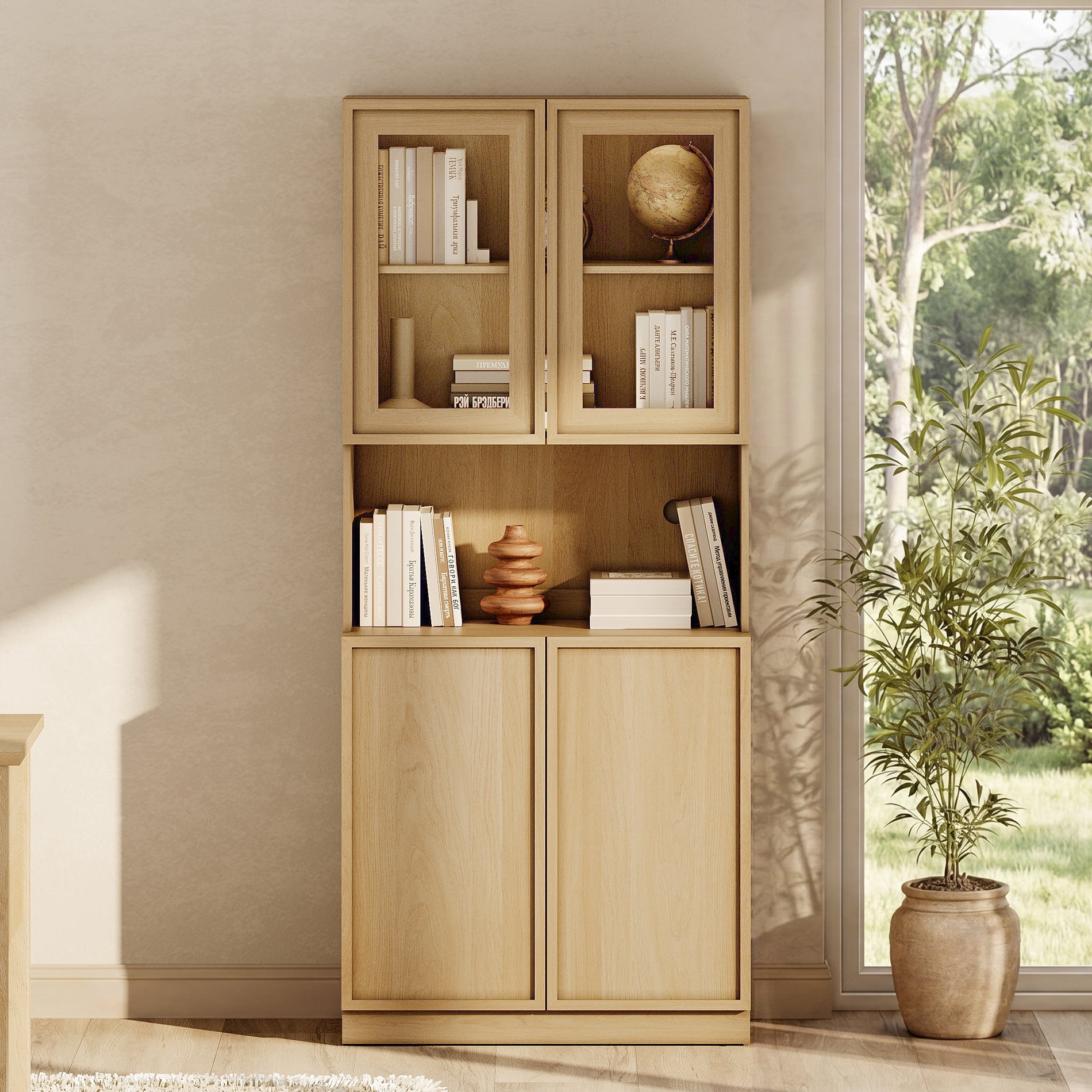 Modern 72" Tall Bookshelf with Glass Doors & Adjustable Shelves, Wood Bookcase with Closed Storage Cabinet,Oak