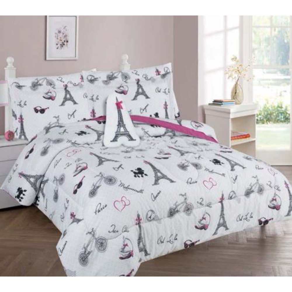 TWIN PARIS GIRLS BEDDING SET, Beautiful Microfiber Comforter With Furry Friend and Sheet Set (6