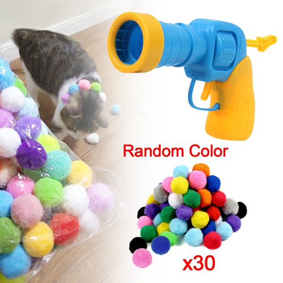 Pistolet à Balles pour Chat Jouet Interactif avec 30 Pcs de Balles à Pompon en Peluche Extensible Colorée