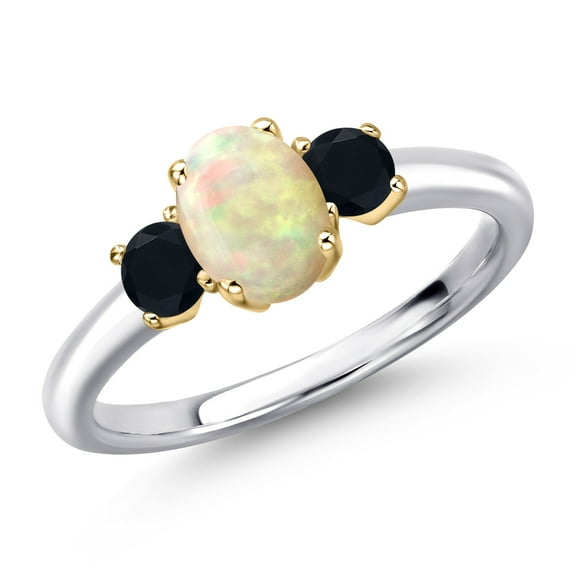 Gem Stone King 10K Two Tone Gold White Ethiopian Opal and Black Onyx Engagement Ring for Women | 0.77 Cttw | Oval Cabochon 7X5MM | Gemstone October Birthstone | Size 6