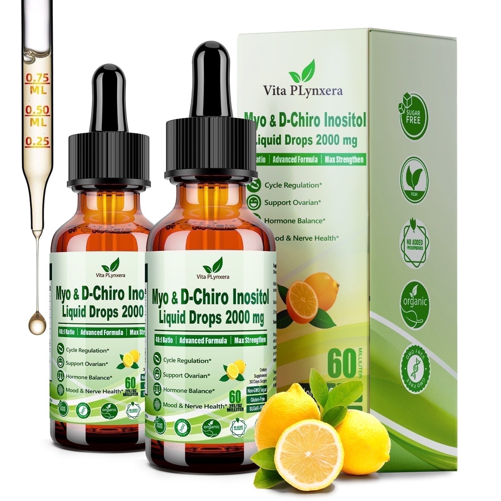 2 pack Myo-Inositol&D-Chiro Inositol Supplement for Women,40:1 Ratio Inositol Complex w.Multivitamin Chasteberry for Hormone Balance,Ovarian&Cycle Health*Liquid Drops 6x Stronger than Pills Powder
