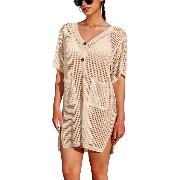 Charmo Short Sleeve Swim Cover up for Womens Side Split Botton One Piece Swimwear