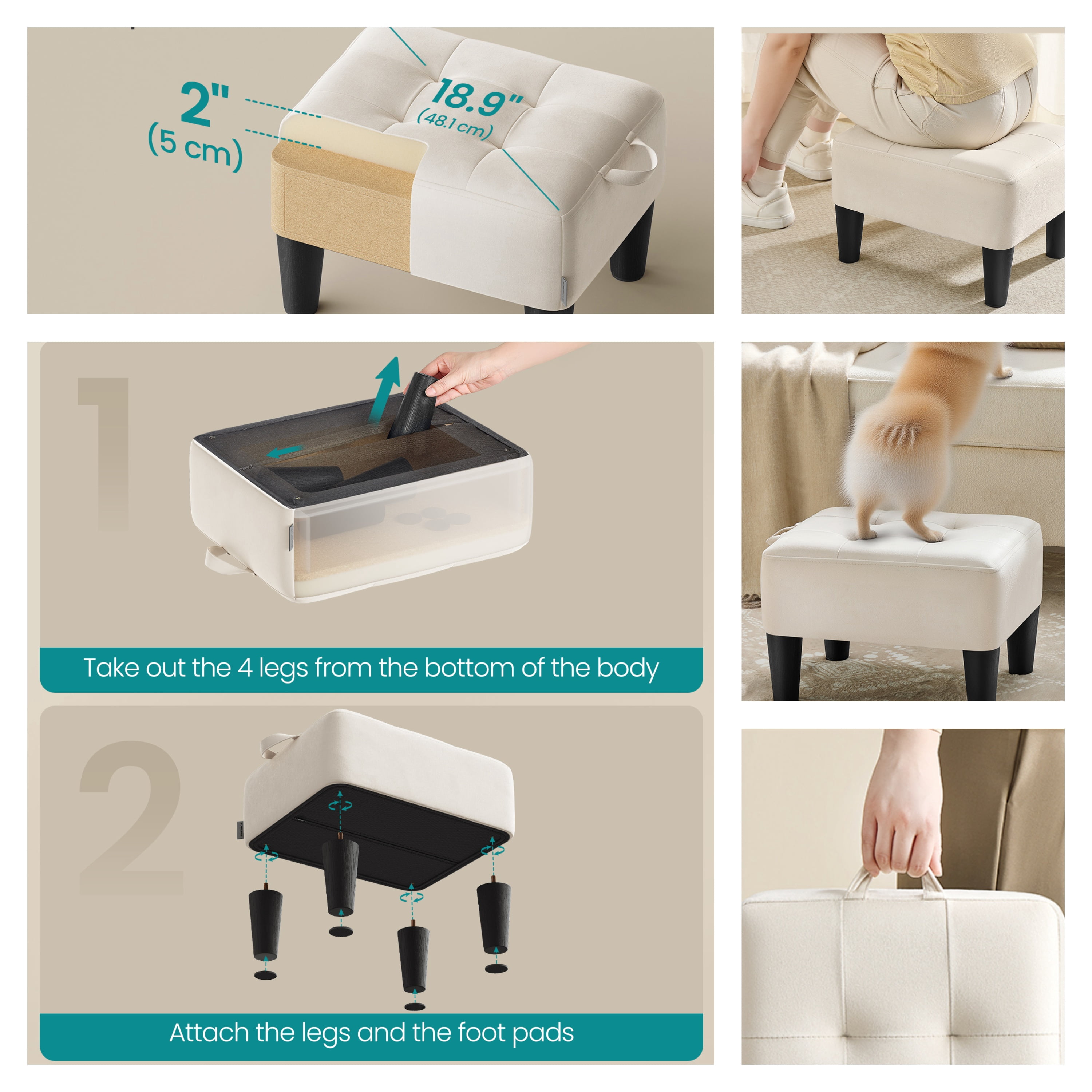 LEDREM Small Ottoman Foot Stool with Thick Cushion, Footrest with Sturdy Angled Legs for Living Room, Bedroom, Entryway, Cream White