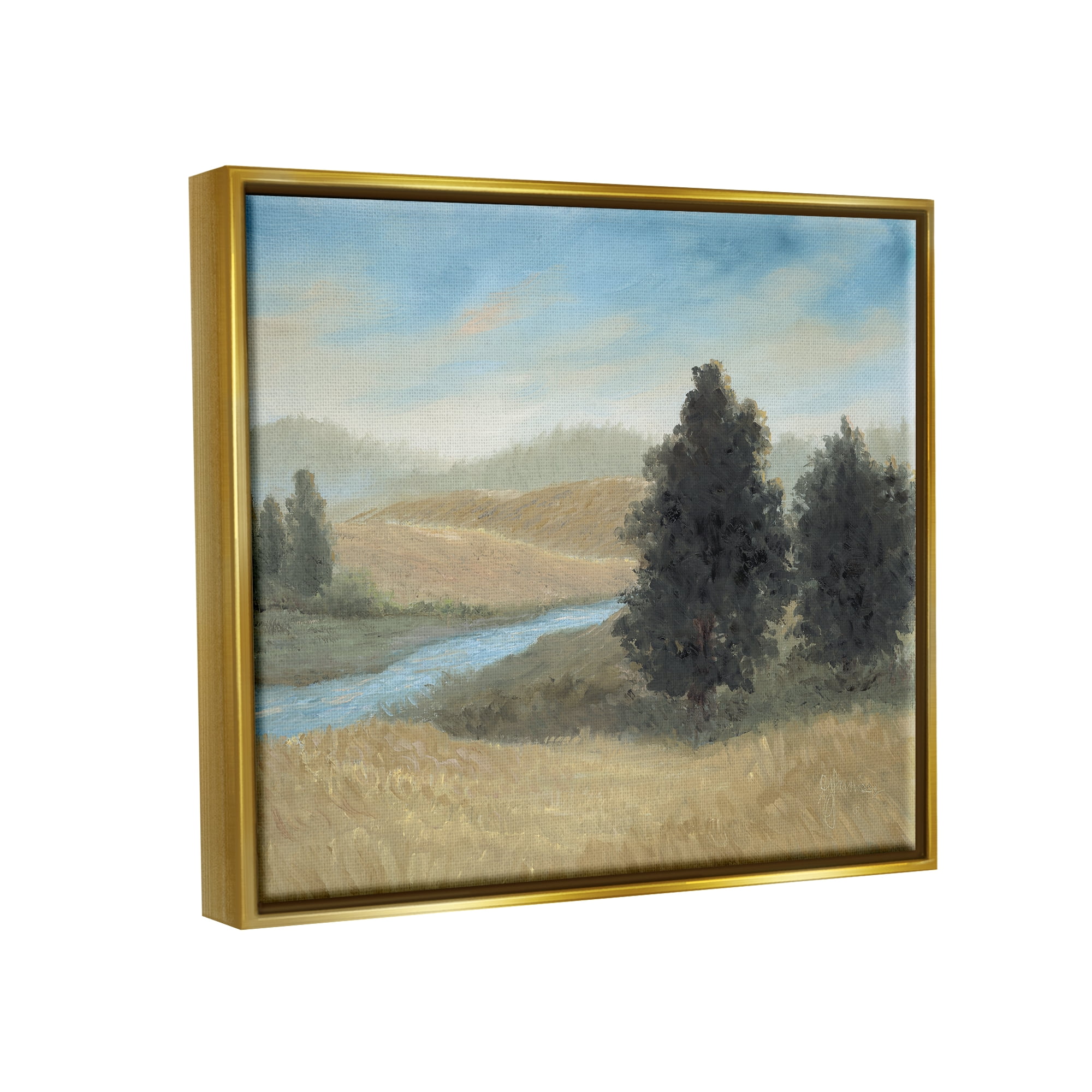 Stupell Industries Rural Creek Landscape Landscape Painting Gold Floater Framed Canvas Art Print Wall Art, 31 x 25