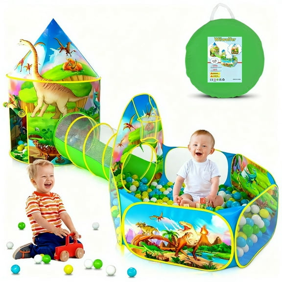 Wilwolfer 3PC Dinosaur Kids Play Tent for Toddlers with Baby Ball Pit & Pop-up Tunnel Indoor Outdoor Polyester Toys