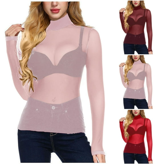 ATOYSOY Women's Mesh Tops Shirts Long Sleeve Bodycon Sheer Blouse Clubwear high neck Pink L
