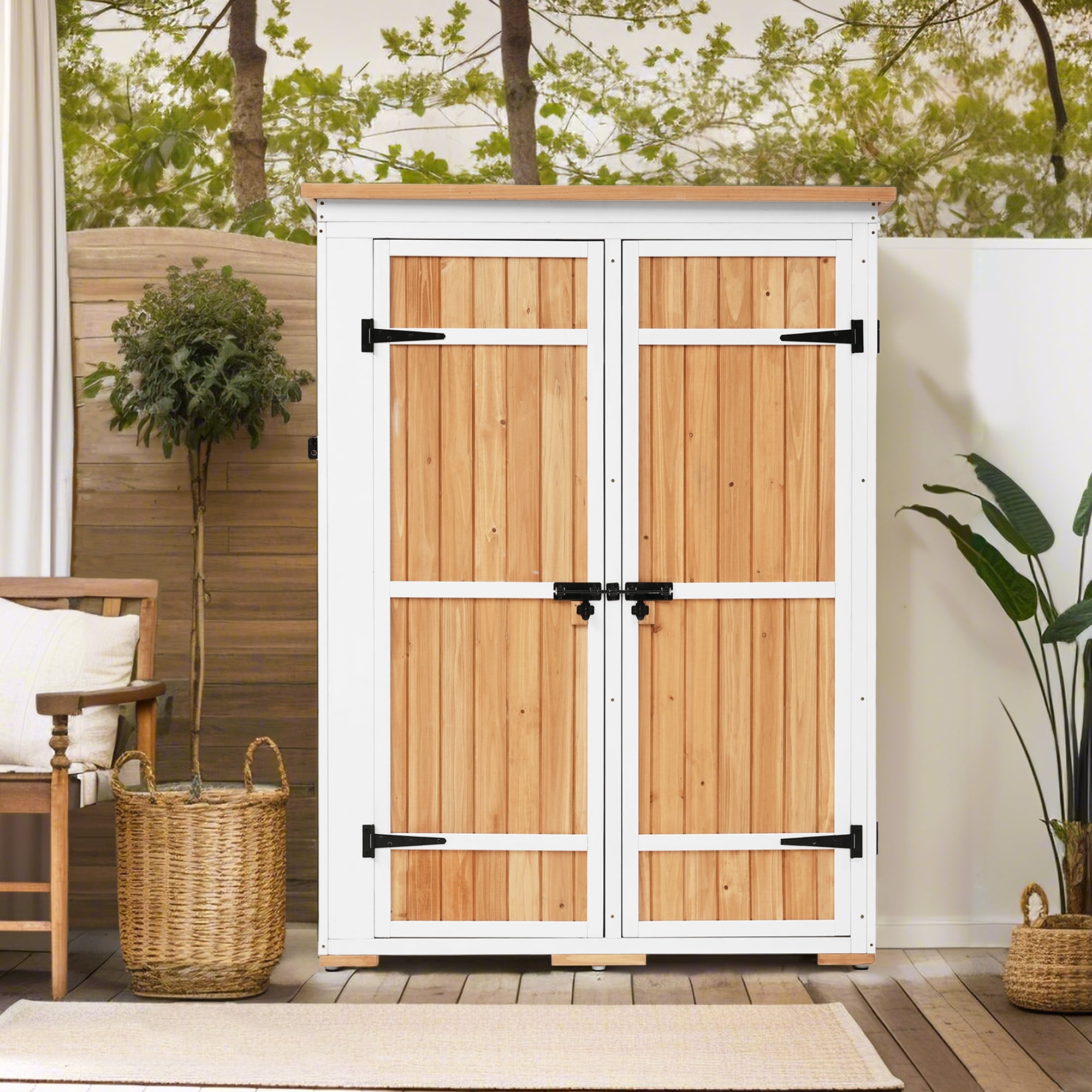MAYEERTY Outdoor 5.5ft Wood Storage Shed with Lockable Doors, Multi-Shelf Garden Tool Cabinet with Waterproof Roof