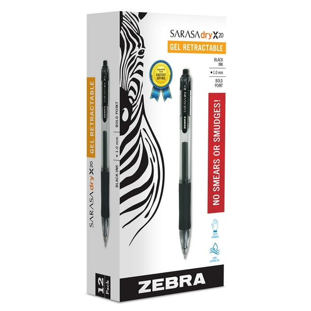 Bolígrafo de gel Zebra Pen Sarasa Dry X20 retráctil de 1 mm, tinta negra