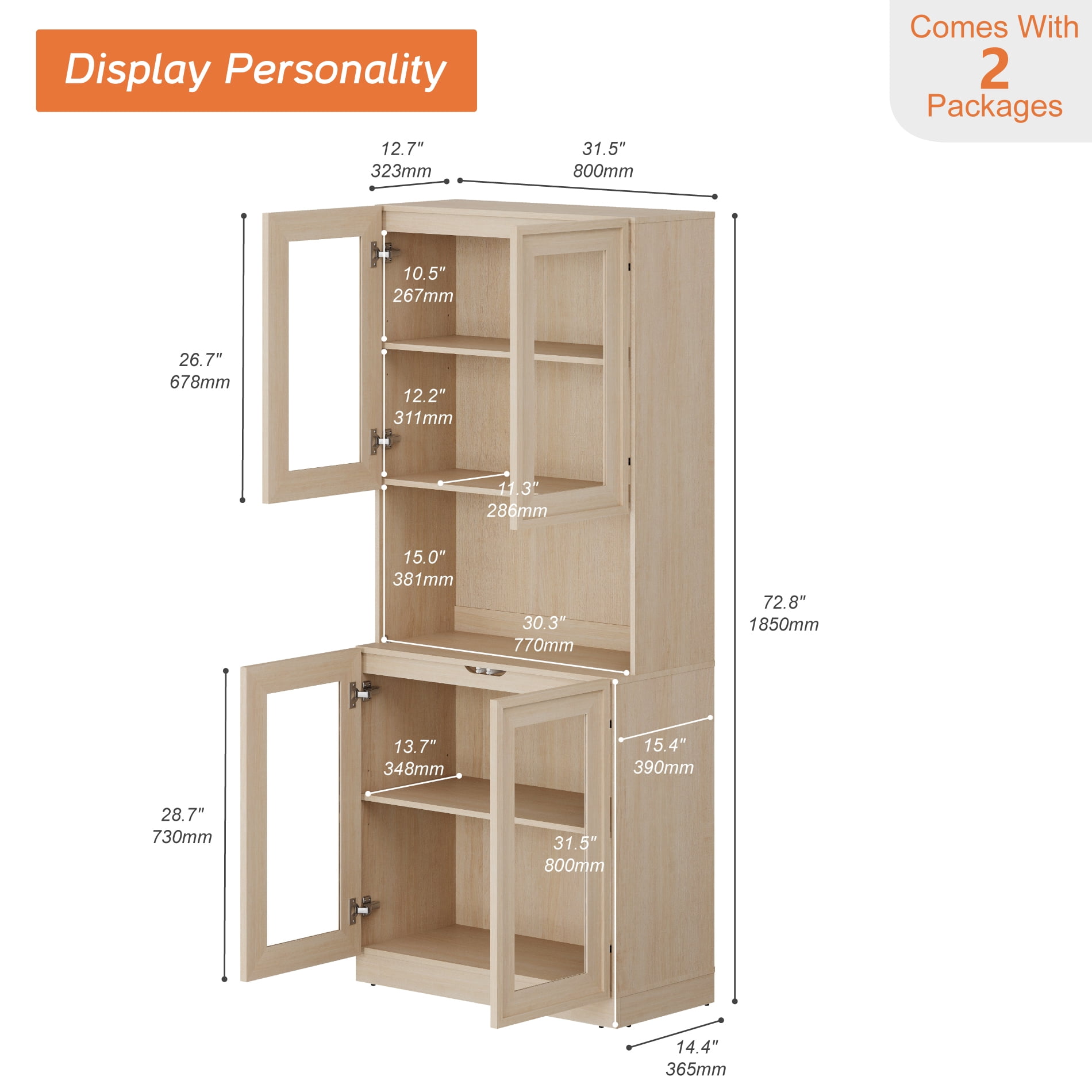 Modern 72" Tall Bookshelf with Glass Doors & Adjustable Shelves, Library Bookcase with Cabinet and Glass Display Shelves,Beige