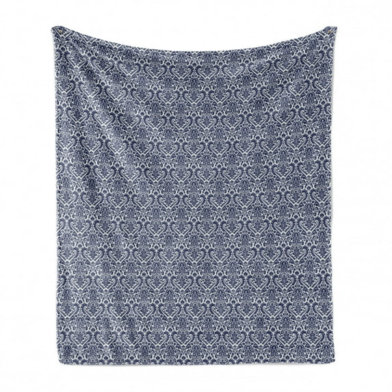 Victorian Soft Flannel Fleece Blanket, Baroque Damask Motif of Curved Flowers Rococo European Retro Artwork Print, Cozy Plush for Indoor and Outdoor Use, 60" x 80", Indigo and White, by Ambesonne