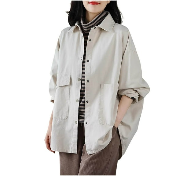Sexlip Jackets for Women Fall Oversized Utility Cotton Coat Loose Fit Corduroy Collar Vintage Workwear with Pockets White XL