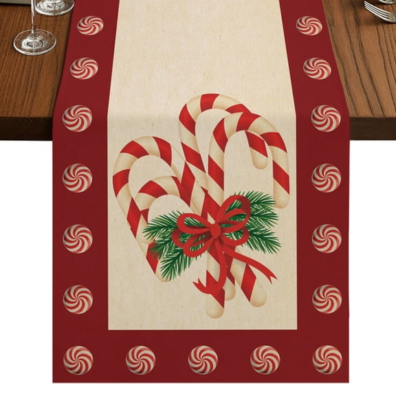 Christmas Candy Cane Table Runner 60 Inches Long, Cotton Linen Table Runner Dresser Scarf, Xmas Red Bow Pine Branch Retro Fabric Tablerunners for Dining Coffee Tables Wedding Holiday Party 13"x60"