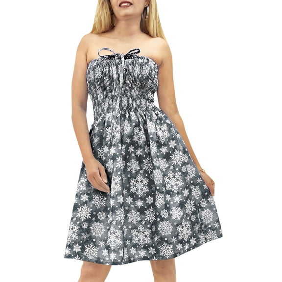 LA LEELA Women's Beach A line Slit Mini Dress Ruched Tube Top Evening Short Strapless Casual Christmas Tree Dress for Women L-XL Grey Snowflakes