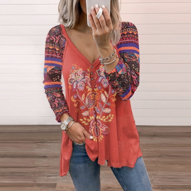 Pntutb Mujer Casual Empalme Cuello en V Impresión Cobertura Blusa Manga Larga Camisas tops Pntutb Pntutb-7118