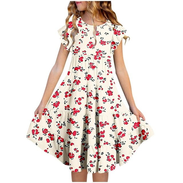 Zpanxa Robes Florales pour Filles Été Manches Courtes Manches Volantées Col Rond Imprimé de Fleurs Taille Poche Robe Superposée Polyester Spandex Multicolore 12-13 Ans