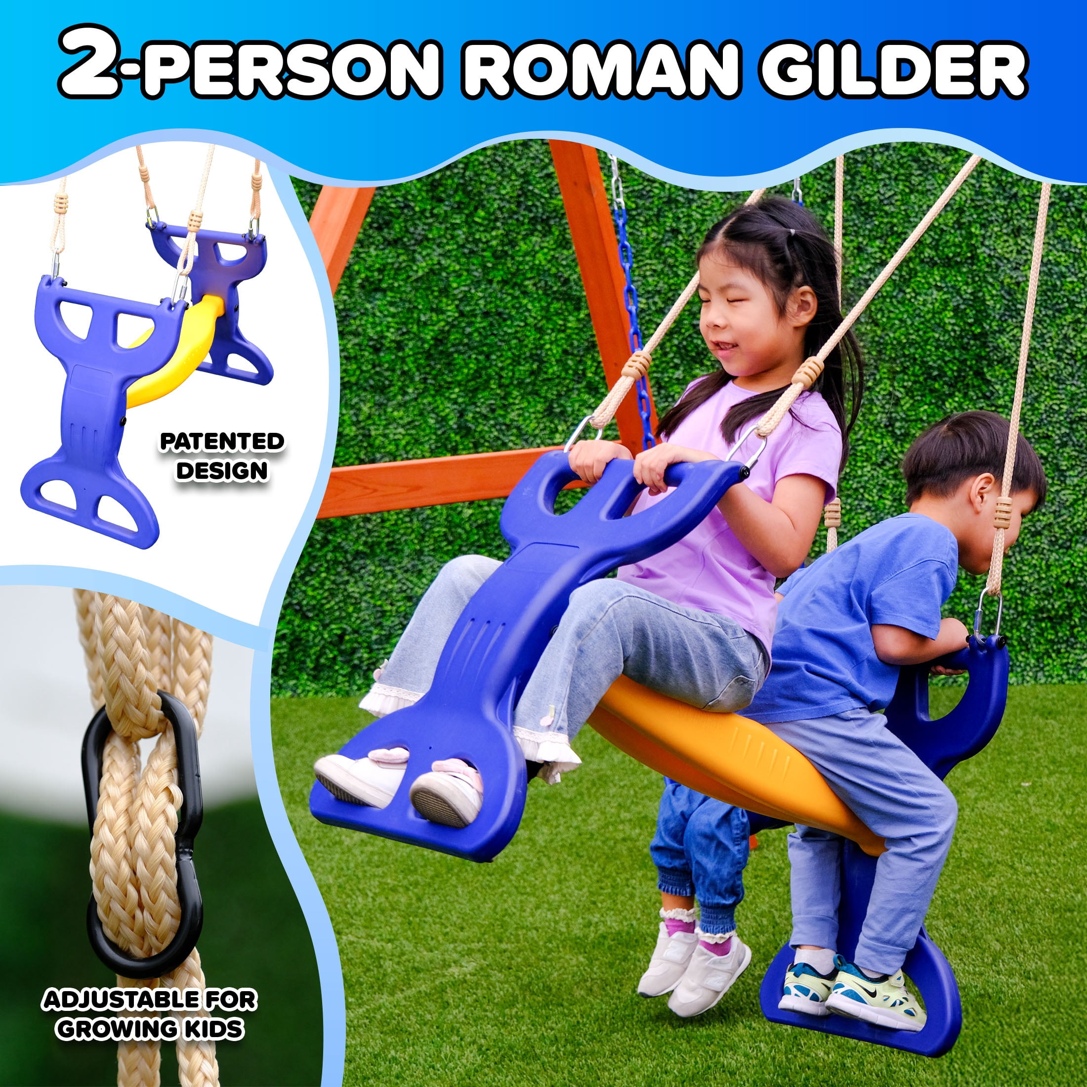 Sportspower™ Madison Wooden Swing Set with 2 Height Adjustable Swings and 2 Person Roman Glider Swing, Backyard Outdoor Playset for Kids