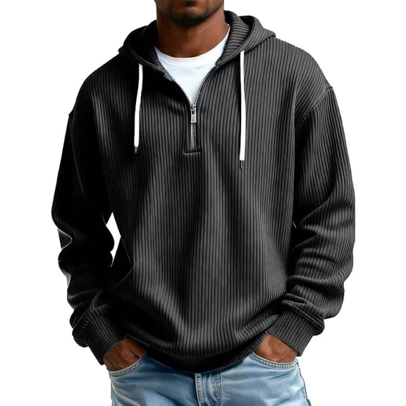 Dwelliawo Quarter Zip Hoodie Men Long Sleeve Corduroy Knit Drawstring Solid Color Fashion Sweatshirts 1/4 Zip Hooded Winter Fall Hoodies Pullover with Pockets Black 5XL
