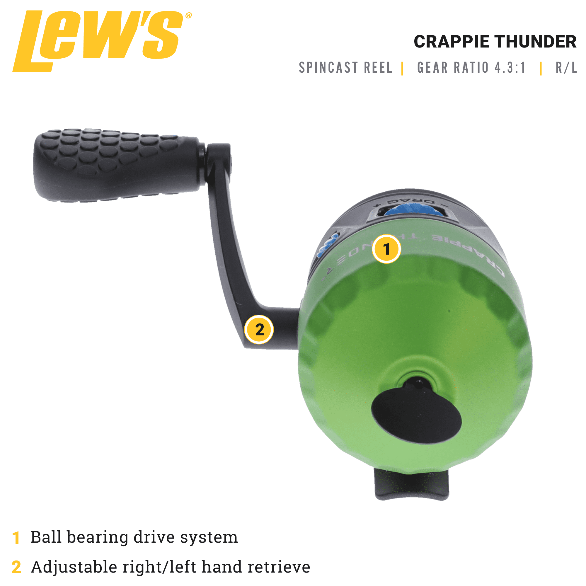 Lew's Crappie Thunder Spincast Fishing Reel, 4.3:1 Gear Ratio, Right or  Left-Hand Retrieve, Crappie Thunder Green 