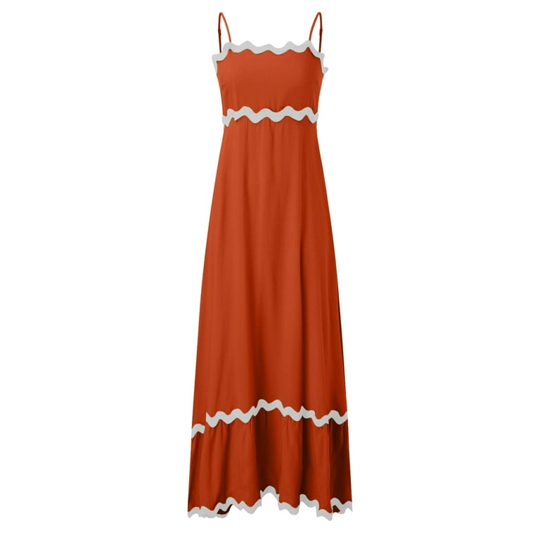 knee length dresses for ladies Blue Cotton Poplin A-Line Deep Neck Sleeveless Maxi Dress 34
