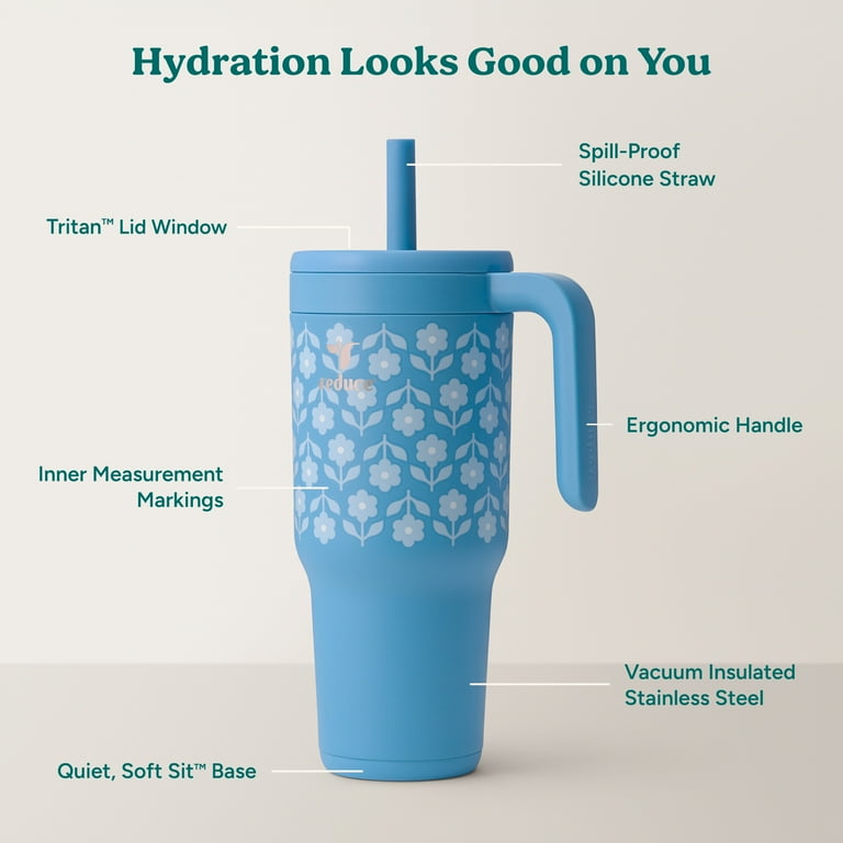 Reduce Chiller 34oz Spill-Proof Tumbler with Handle, Blue Blossom