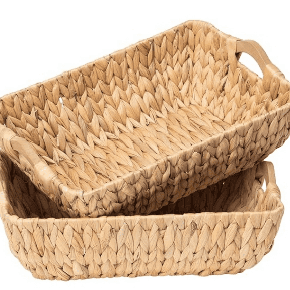 Wicker Baskets with Handles, Natural Wicker Basket for Organizing Shelves, Small Hand Woven Water Hyacinth Storage Baskets Set of 2, 14.96x10.04x4.73