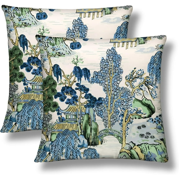 Ryan; Chinoiserie Throw Pillow Covers 18x18 Set of 2 Asian Scenic Short Plush Pillows Case Blue and Green Square Cushion Cover Decorative Pillowcases for Couch Bed