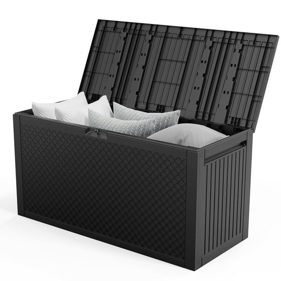 90-Gallon Black Plastic Yard Storage Bin with Labyrinth Pattern, Outdoor Deck Box for Garden, Tools, Cushions, or Toys