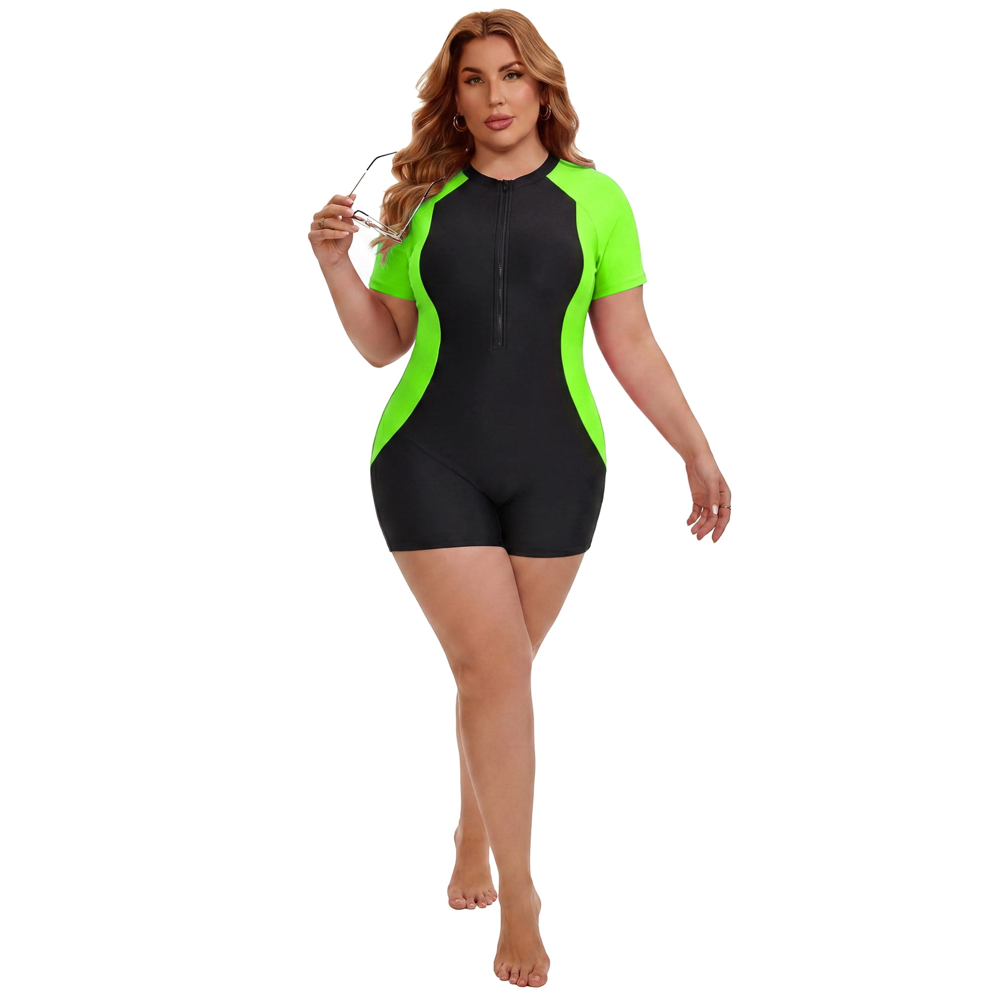 DARING DIVA Women's Plus 1 Piece Zip Front Short Sleeve Swimsuit L Black Green