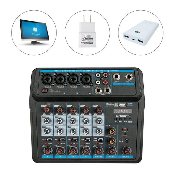 6-Channel Professional Audio Mixer Live Studio Audio Mixer Sound Board Mixing Console Mixer for Bars Karaoke DJ Events Stage Wedding Performances Home USB Bluetooth