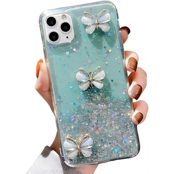 for iPhone Case,3D Butterfly Crystal Glitter Sparkle Sparkly Silicone Soft Shockproof Phone Case (Green,iPhone 11)