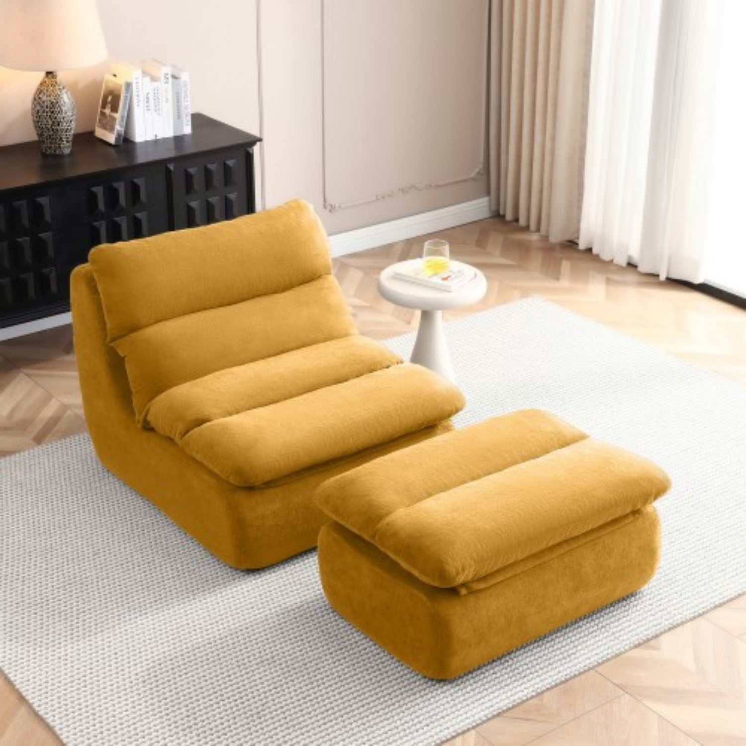 32" Bean Bag Chair with Ottoman, Tufted Upholstered Chaise Lounge Chair for Adults, High Density Foam Lazy Sofa with Footrest for Living Room, Bedroom, Gaming Room & Dorm, Yellow