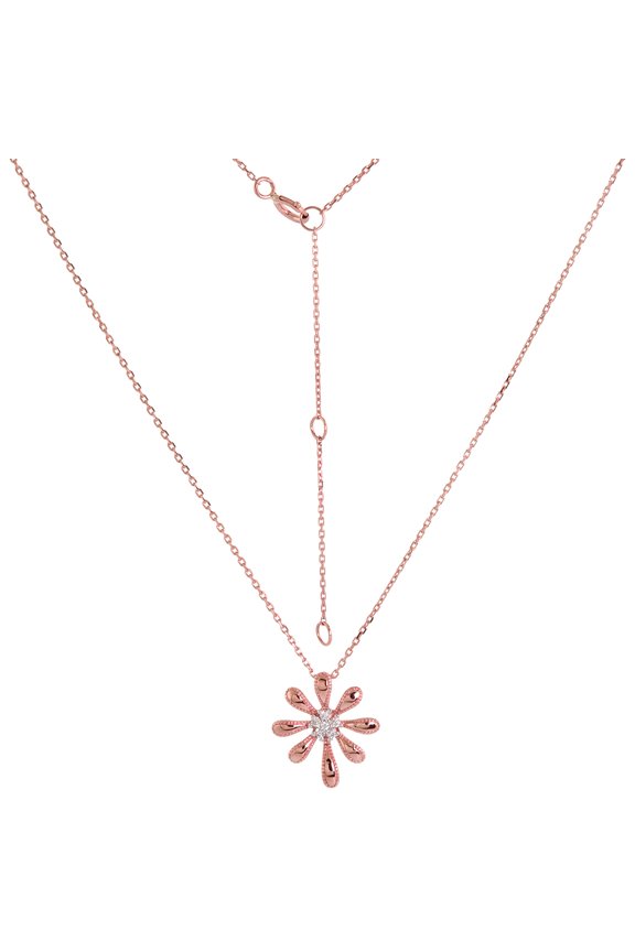 Dainty 14k Rose Gold Diamond Daisy Flower Necklace 16-18 inch 0.05 cttw