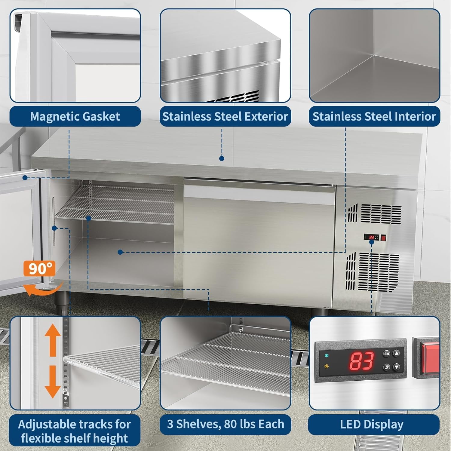 60" Undercounter Commercial Prep Table Freezer – 18 Cu. ft. Stainless Steel, 2-Door Frost-Free Freezer Station for Restaurants, Bars & Stores
